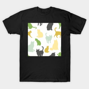 Green and Yellow Vintage Cats In Repeat Pattern T-Shirt